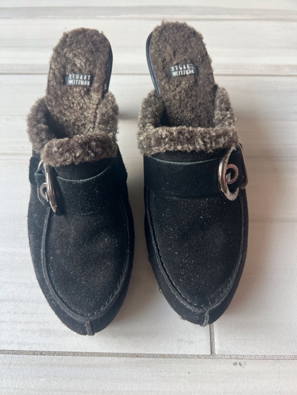 Stuart Weitzman Black Suede Shearling-Trim Slip-On Mules